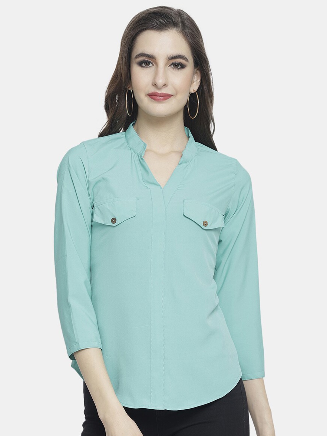 

Aarsha Women Turquoise Blue Mandarin Collar Crepe Top