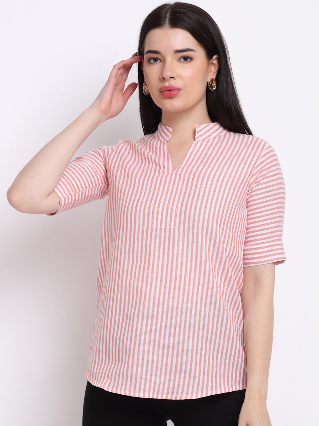 

Aarsha Women Pink & White Striped Mandarin Collar Shirt Style Top