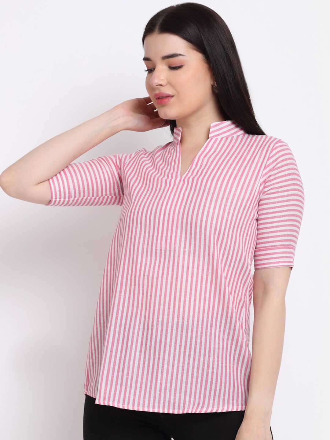 

Aarsha Women Pink & White Striped Mandarin Collar Top