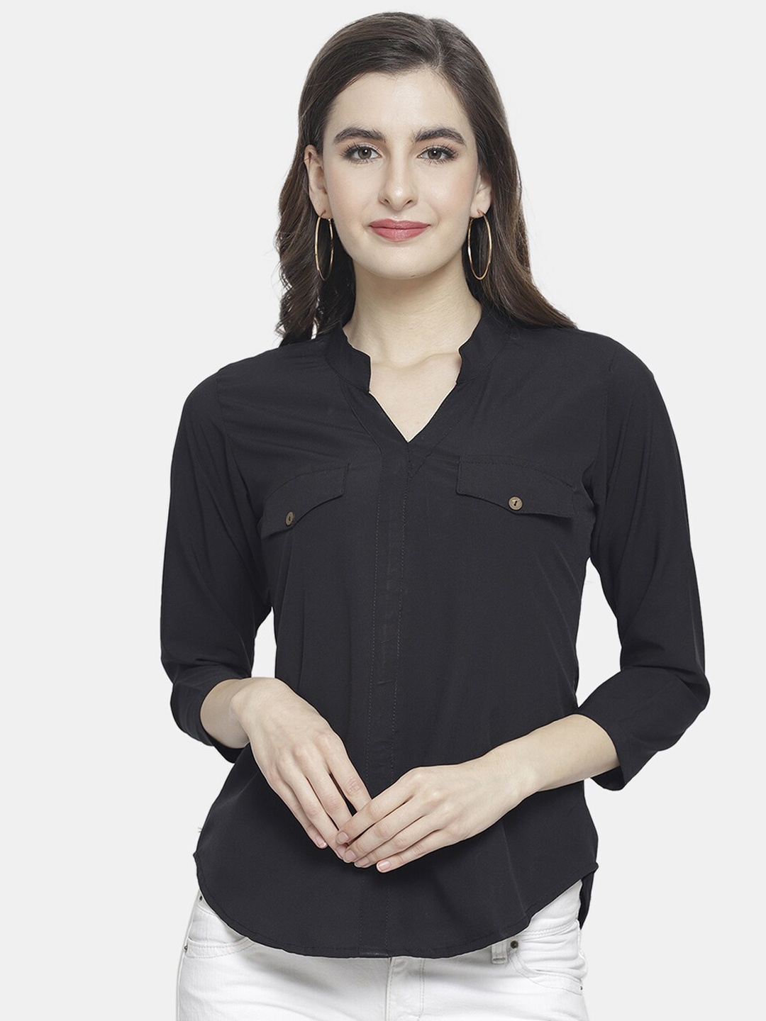 

Aarsha Women Black Mandarin Collar Crepe Top