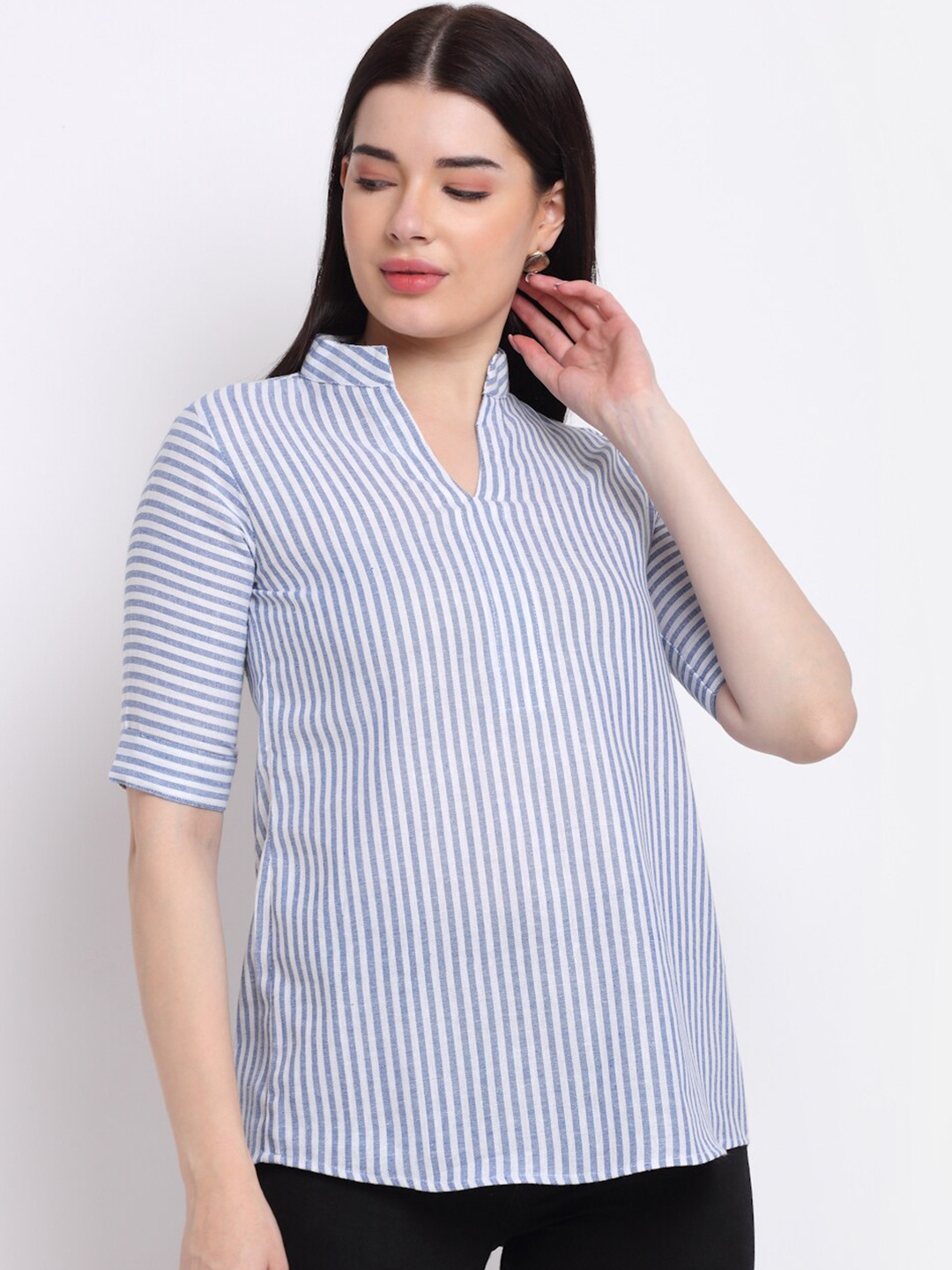 

Aarsha Women Blue & White Striped Mandarin Collar Top