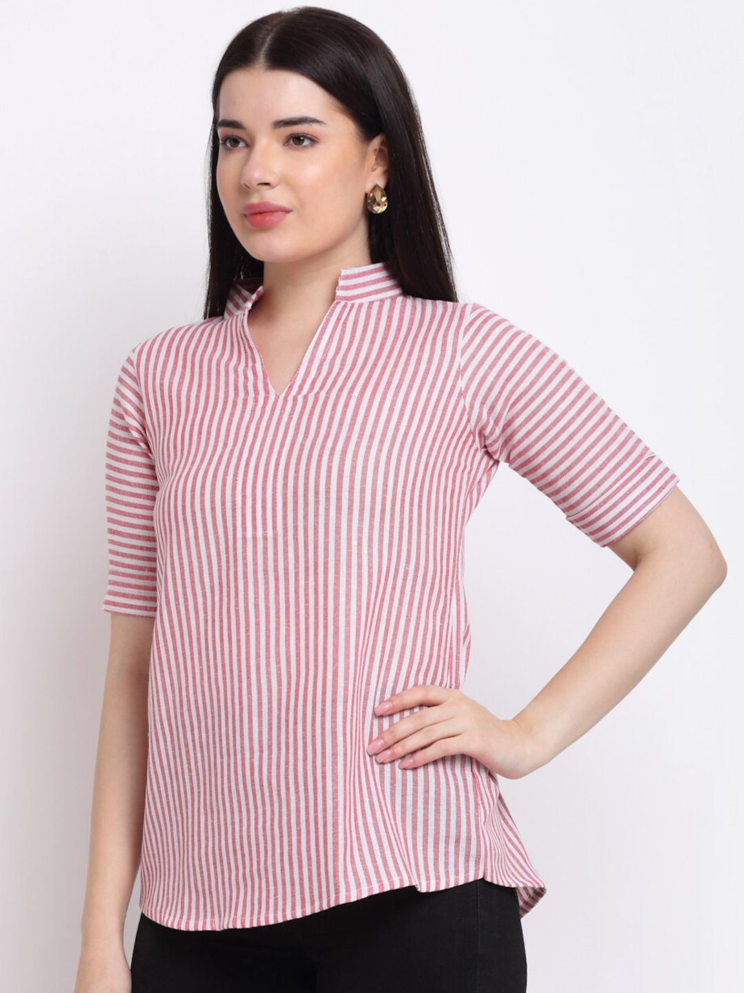 

Aarsha Women Red & White Striped Mandarin Collar Top