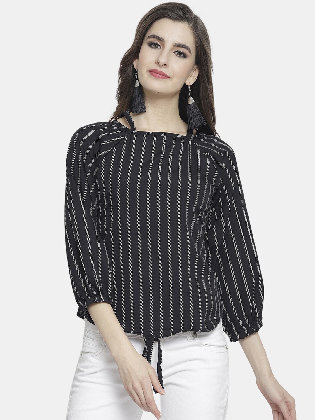 

Aarsha Women Black Striped Crepe Top