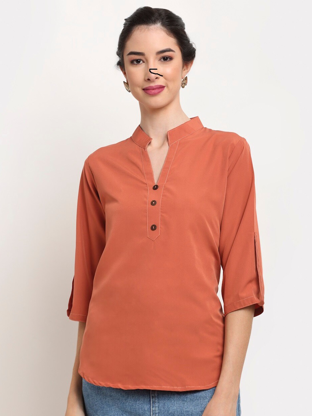 

Aarsha Women Rust Mandarin Collar Roll-Up Sleeves Shirt Style Top