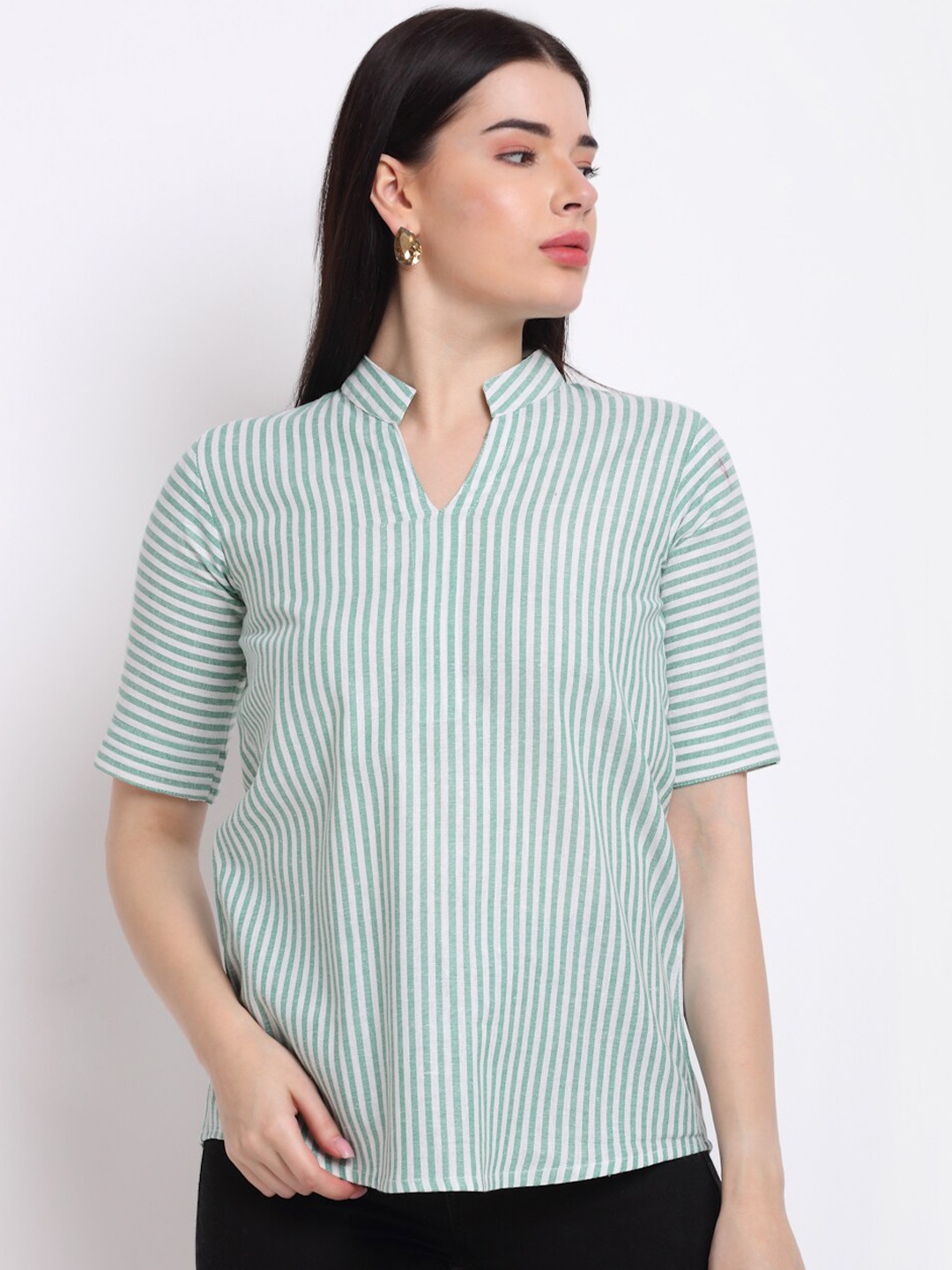 

Aarsha Women Green & White Striped Mandarin Collar Shirt Style Top