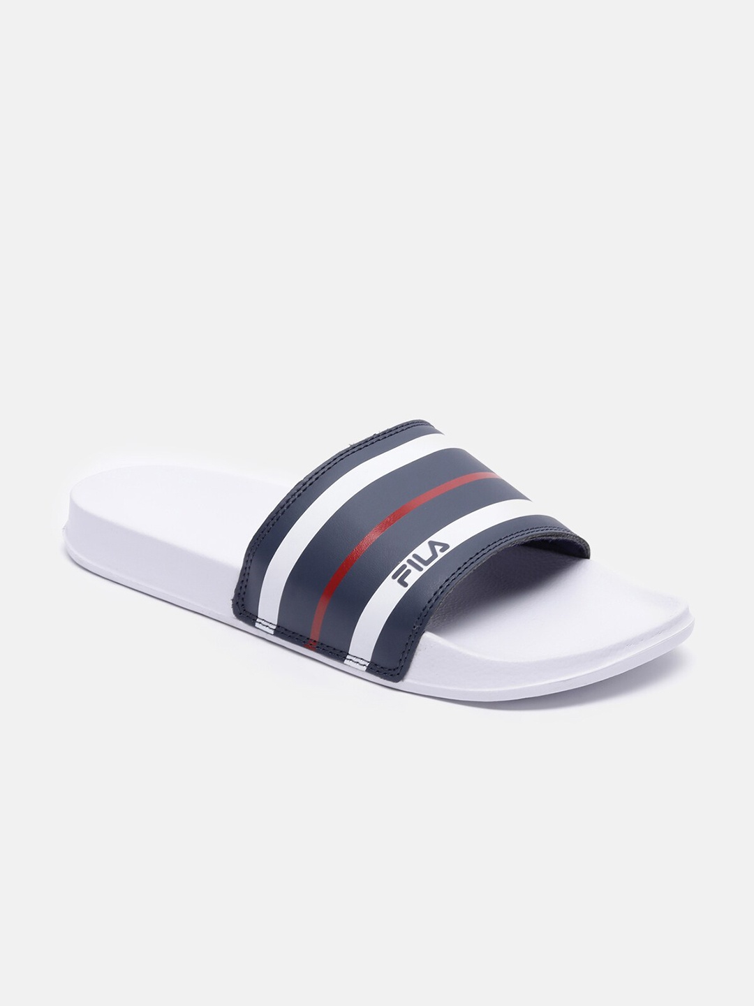 

FILA Men White & Navy Blue Striped Rubber Sliders