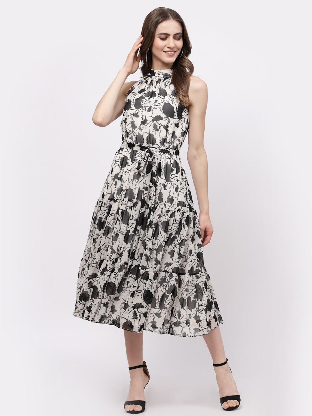 

Just Wow Cream-Coloured & Black Floral Halter Neck Georgette Midi Dress