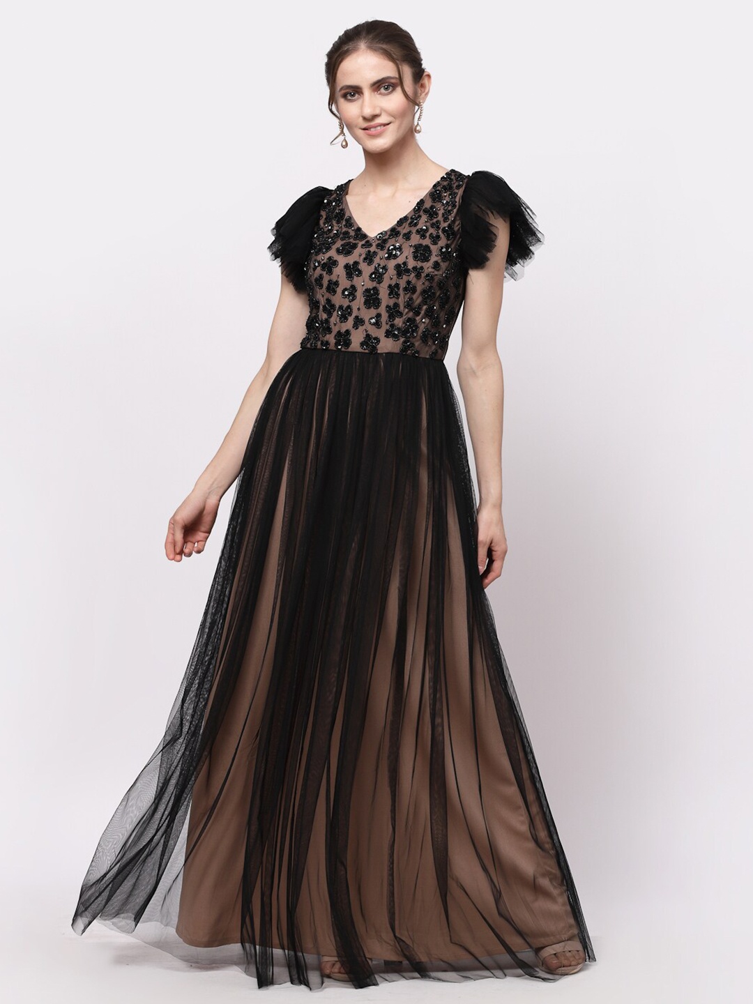 

Just Wow Black Embellished Net Maxi Dress