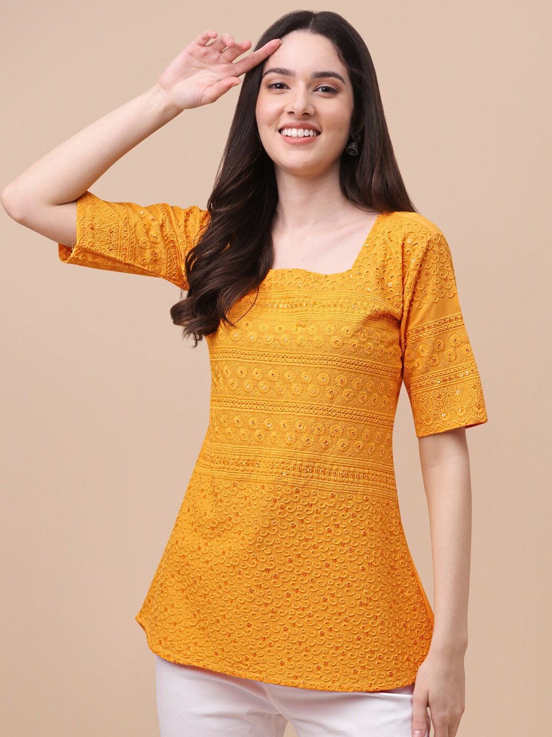 

GUFRINA Mustard Yellow Embroidered Square Neck Top