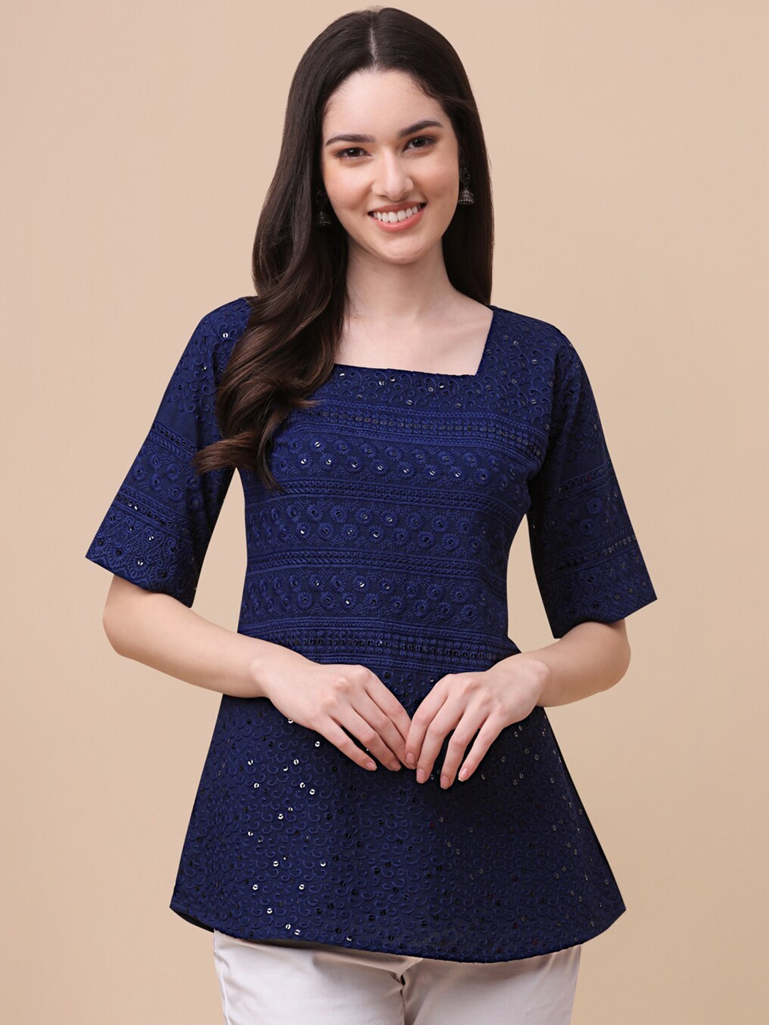 

GUFRINA Navy Blue Embroidered Square Neck Top