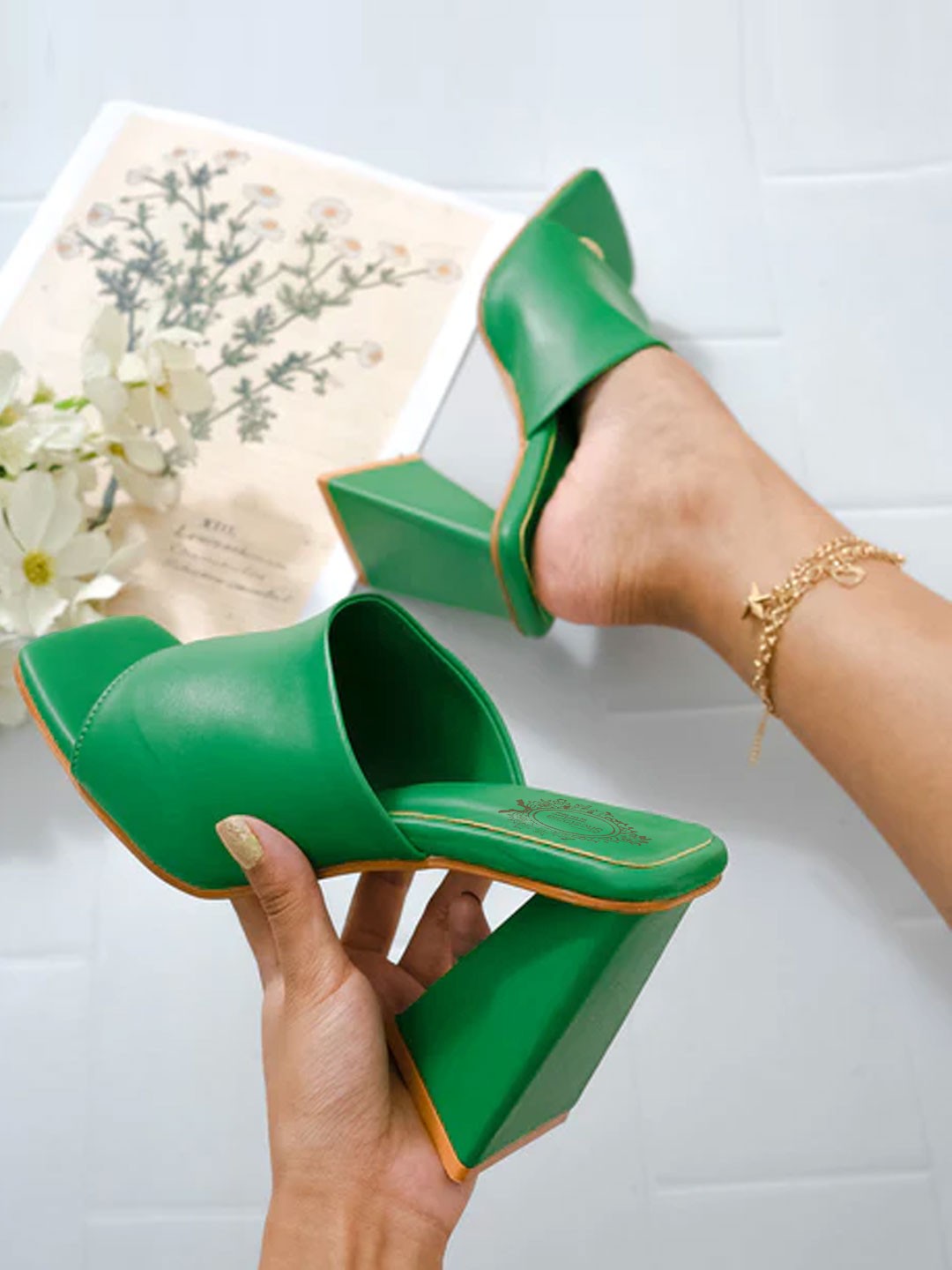 

Shoetopia Green Square Toe Block Heels