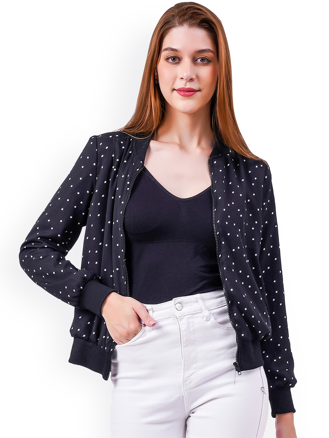 

NUEVOSDAMAS Women Black Crop Bomber Jacket