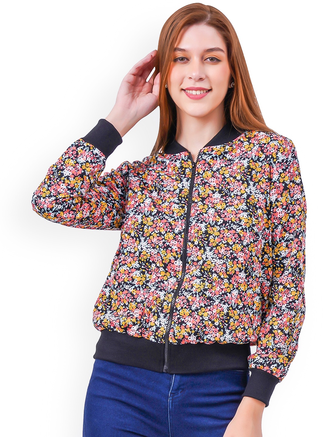 

NUEVOSDAMAS Women Black Floral Crop Tailored Jacket, Multi