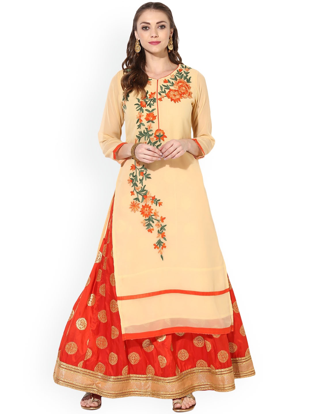 

ZOEYAMS Women Beige & Orange Floral Embroidered Thread Work Floral Georgette Kurta