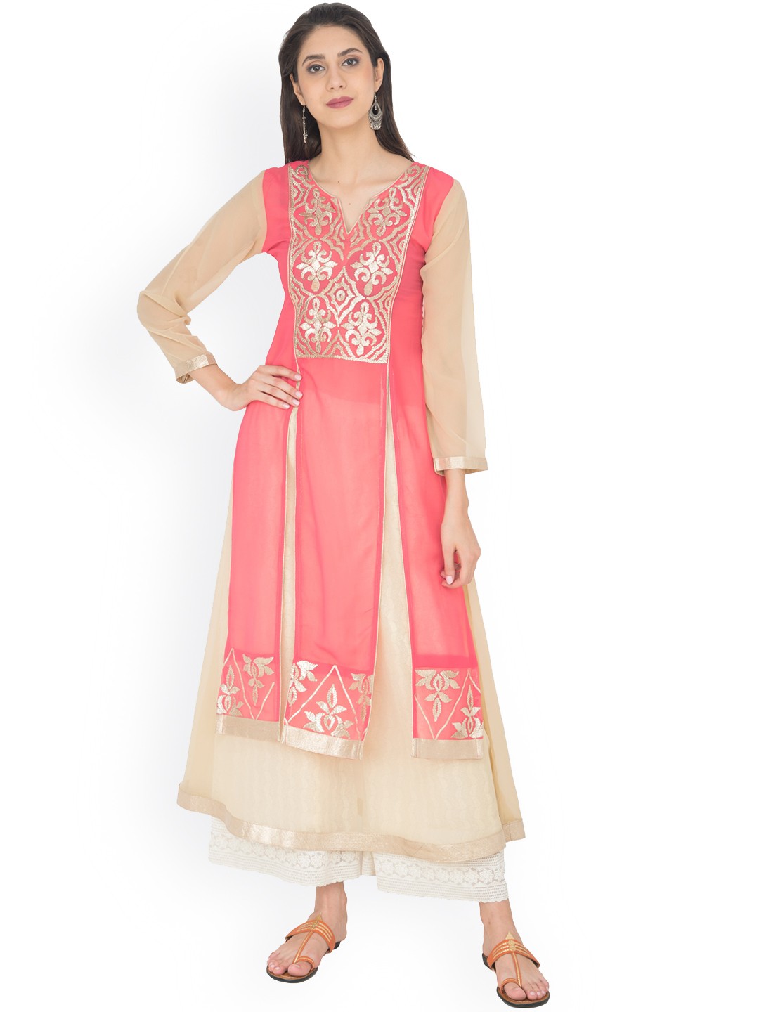 

ZOEYAMS Women Coral & Beige Ethnic Motifs Embroidered Thread Work Georgette Kurta