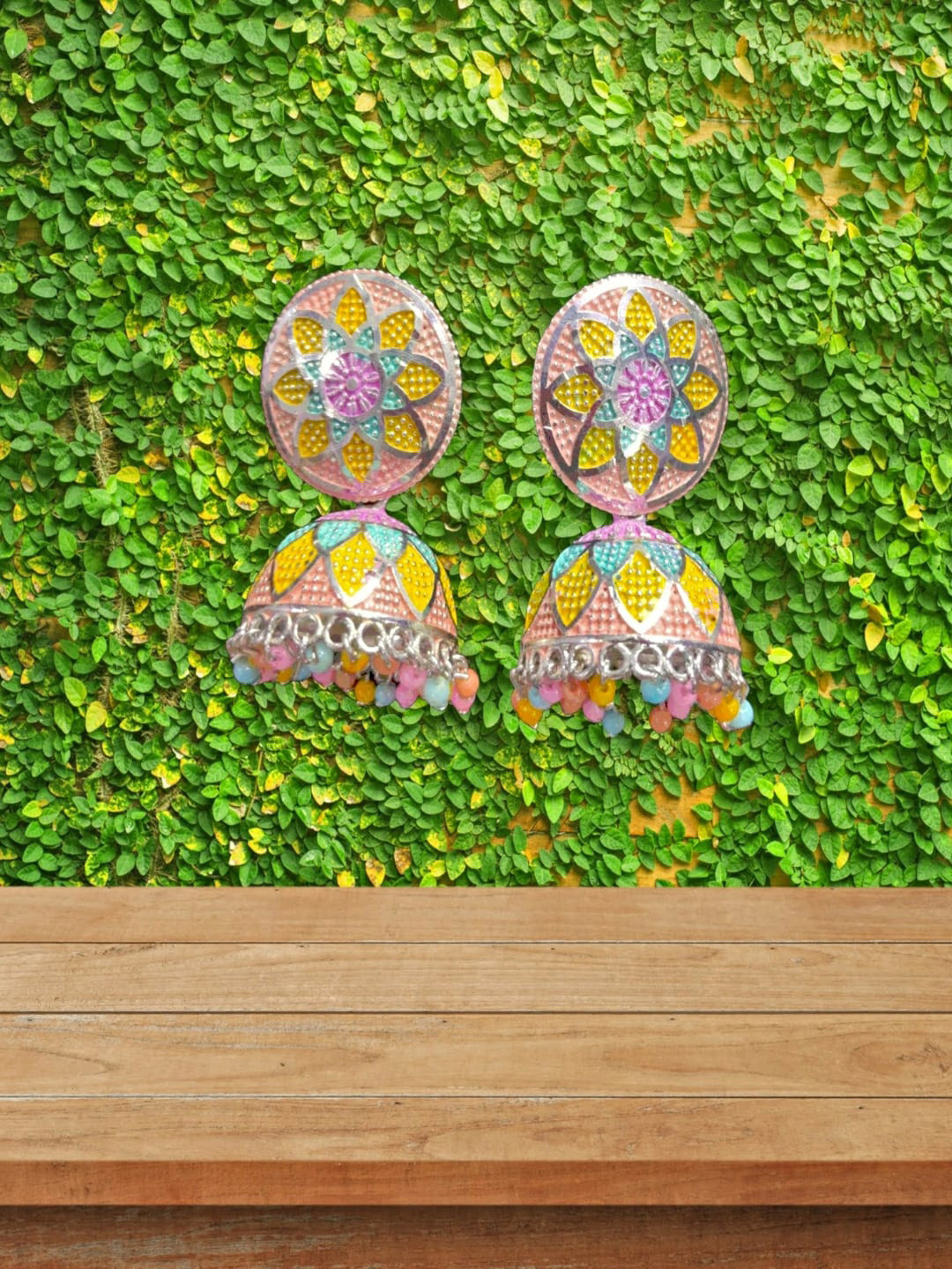 

Proplady Peach-Coloured & Yellow Silver Plated Dome Shaped Jhumkas Earrings