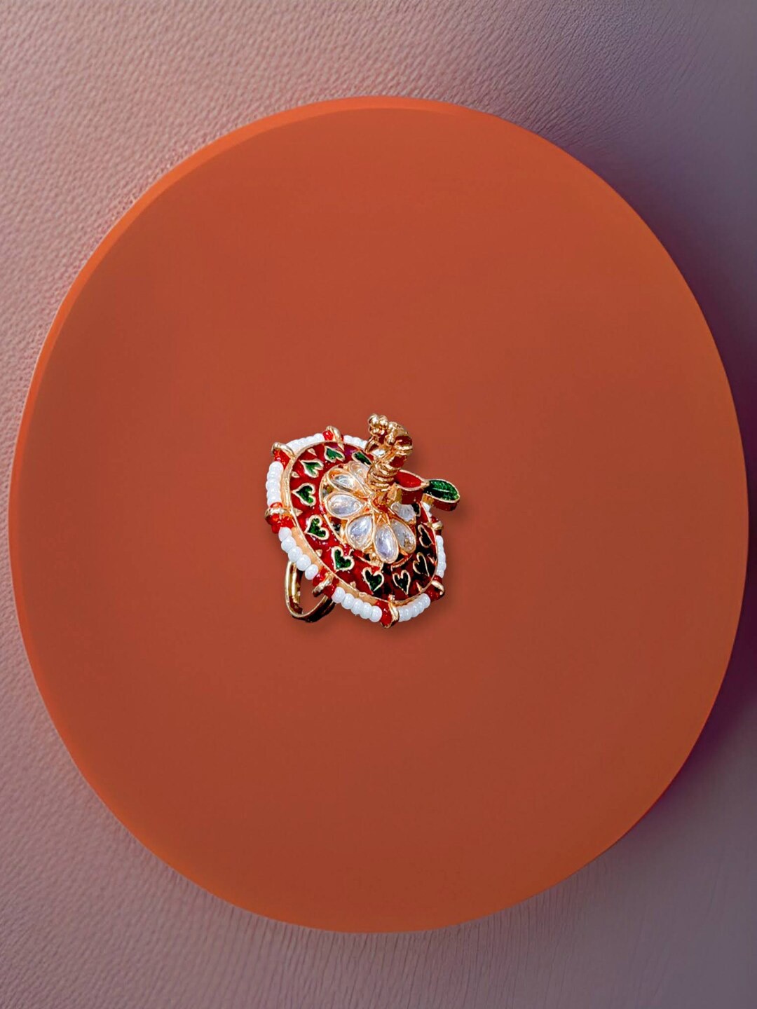 

Proplady Gold-Plated Red & White Kundan Studded & Pearls Beaded Meenakari Adjustable Finger Ring