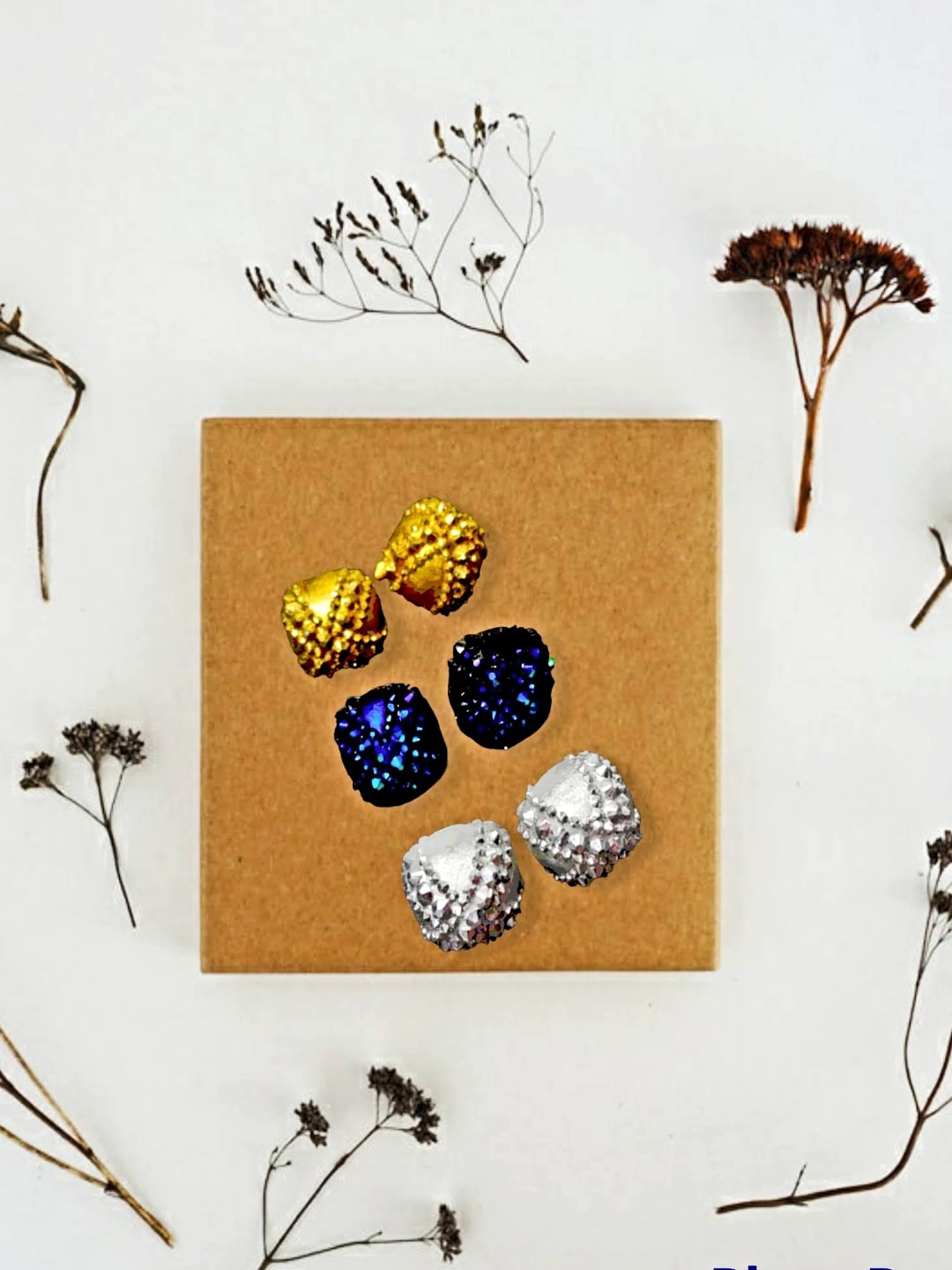 

Proplady Blue & Yellow Set Of 3 Rose Gold-PlatedCircular Studs Earrings