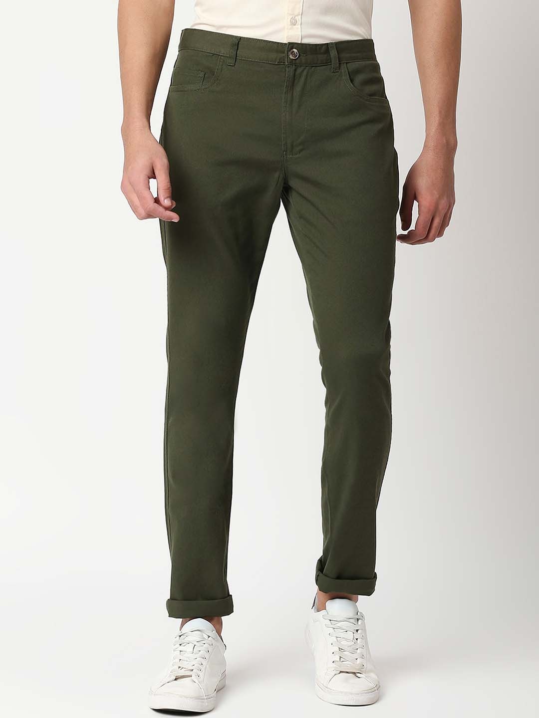 

Thomas Scott Men Olive Green Slim Fit Chinos Trousers