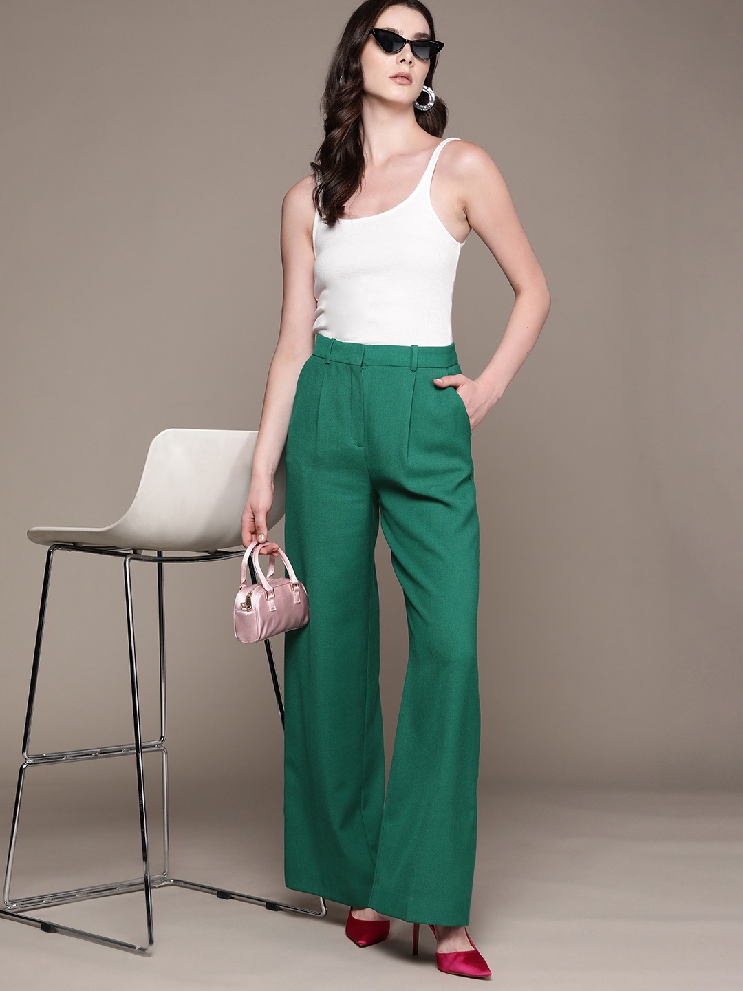 

MANGO Women Sustainable Flared Pleated Parallel Trousers, Green
