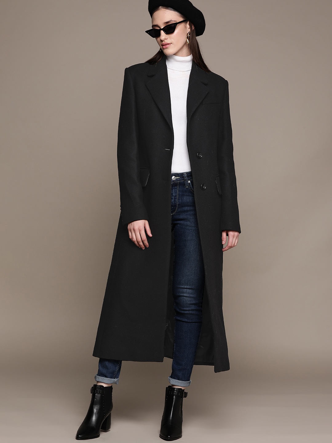 

CAMILLE X MANGO Women Oversized Notched Lapel Wool Longline Overcoat, Black