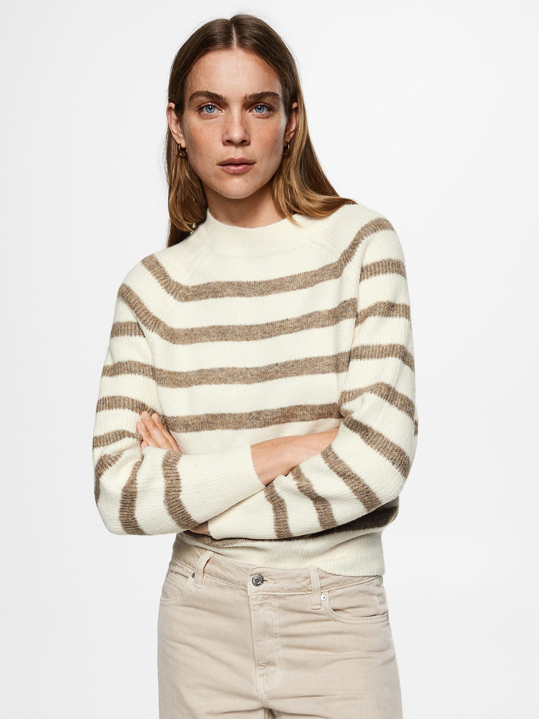 

MANGO Women Off White & Brown Striped High Neck Sustainable Pullover