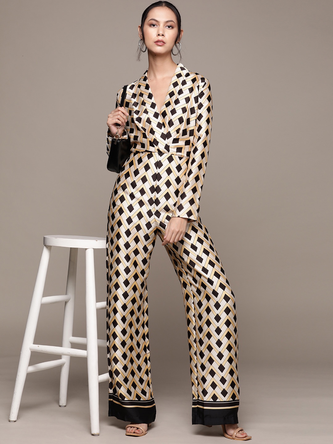 

MANGO Geometric Printed Sustainable Satin Basic Jumpsuit, Beige