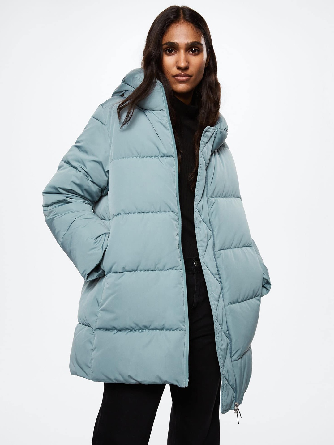 

MANGO Women Blue Water-Resistant Longline Sustainable Padded Jacket
