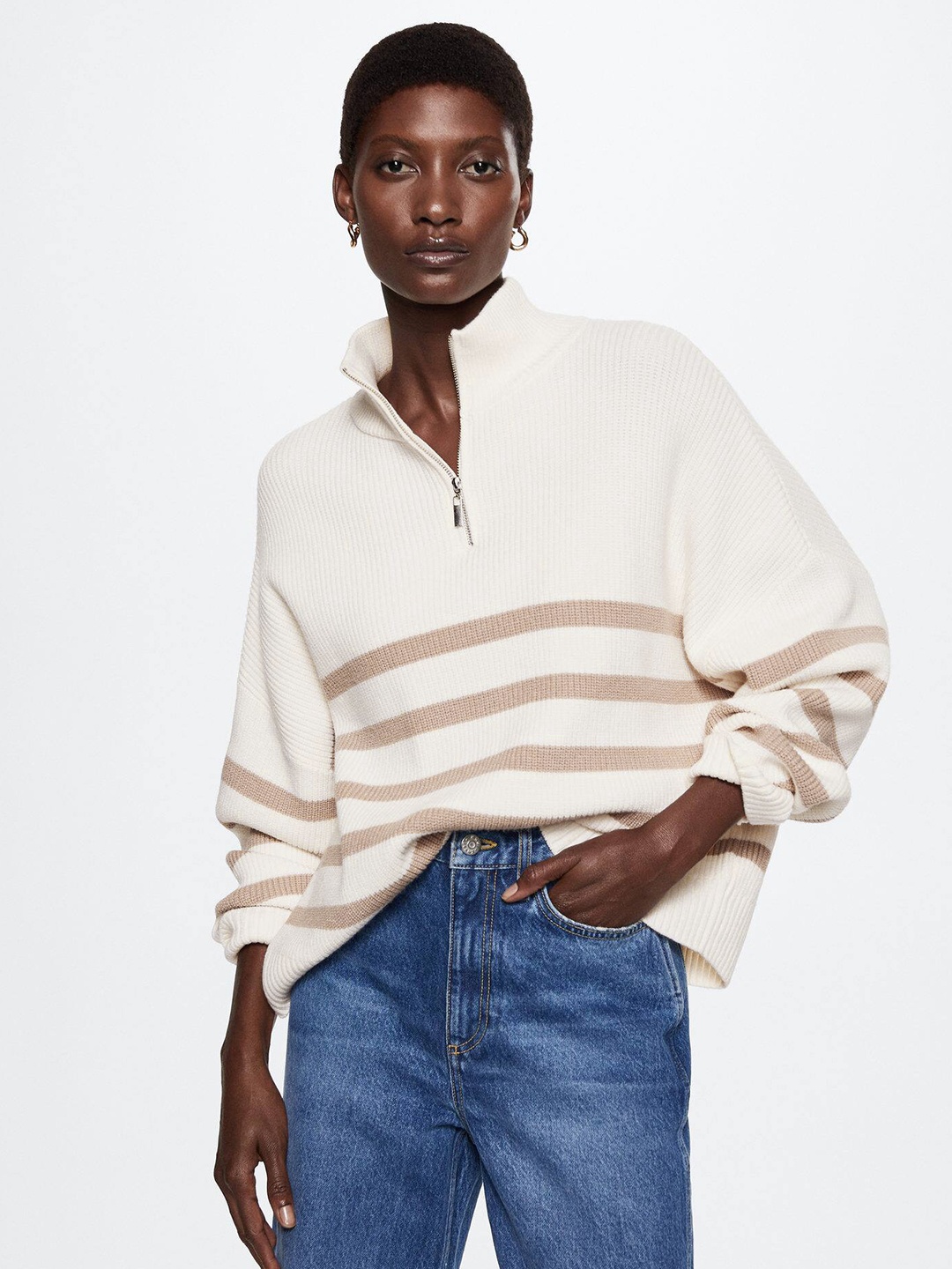 

MANGO Women Striped Sustainable Pullover, Off white