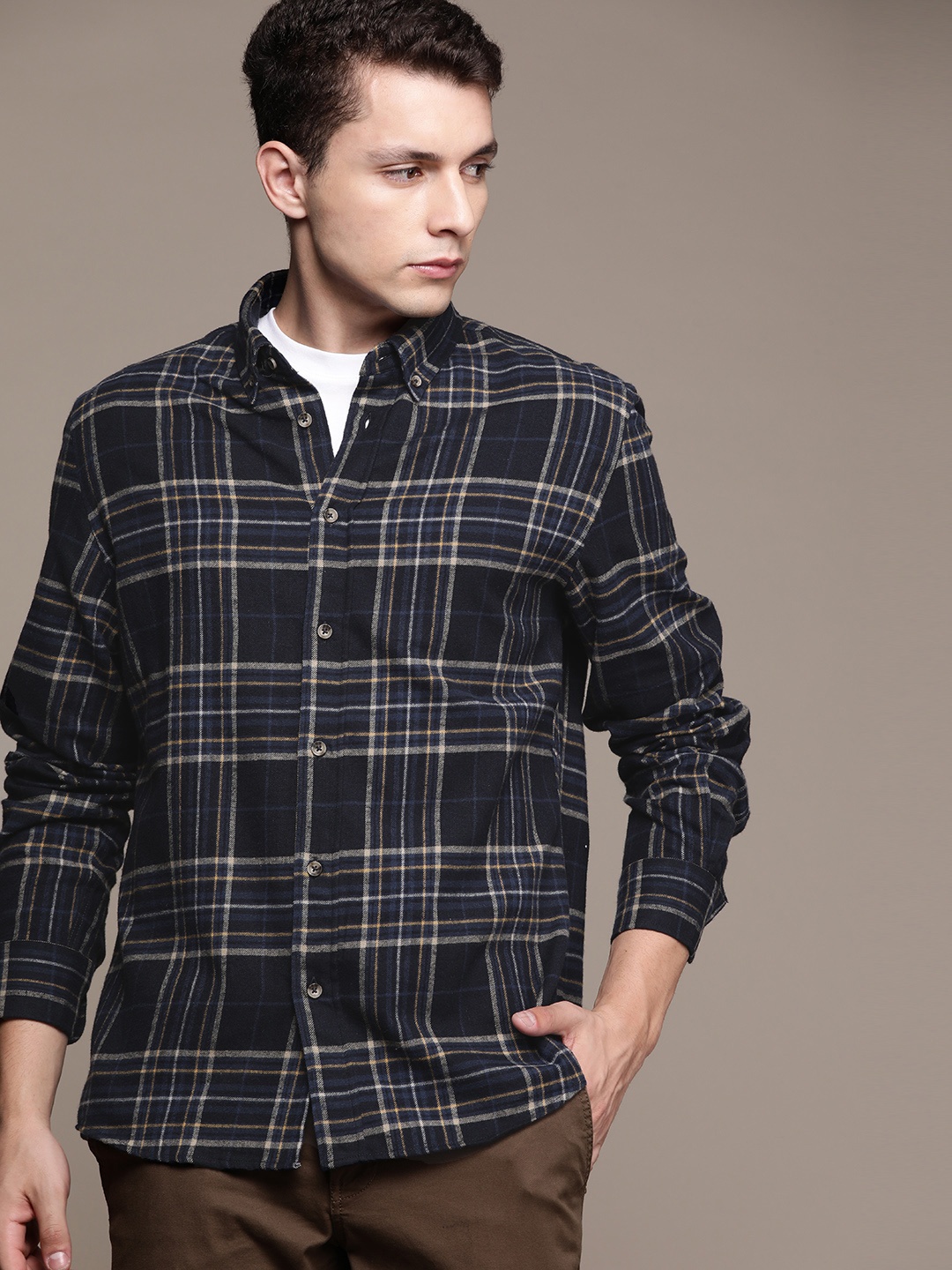 

MANGO MAN Tartan Checked Flannel Sustainable Casual Shirt, Navy blue
