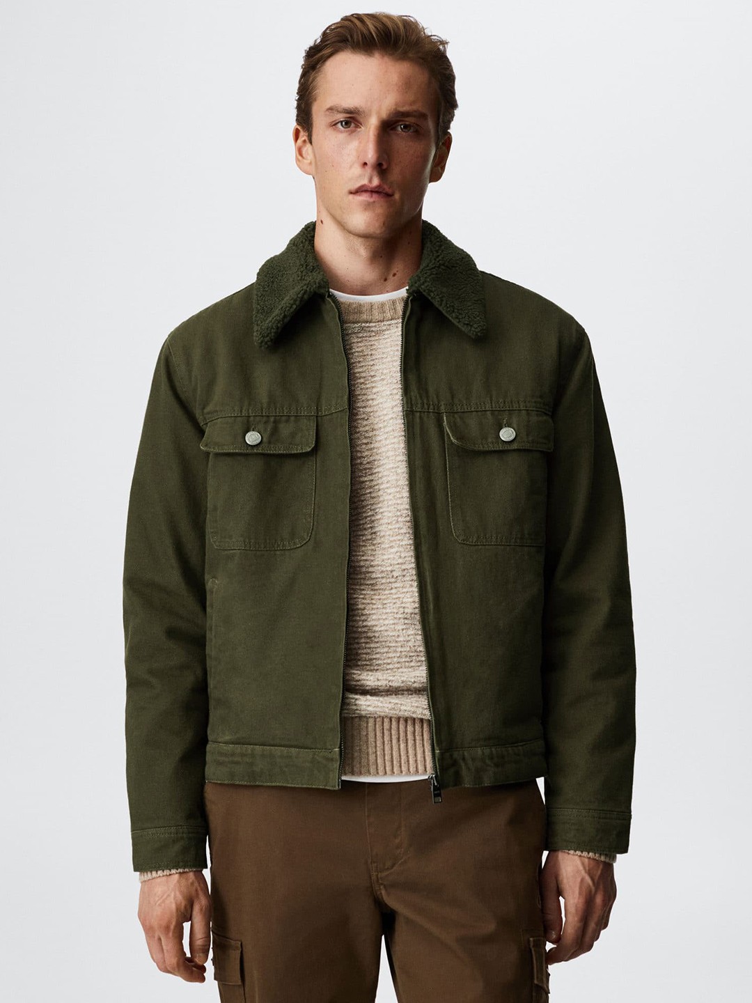 

MANGO MAN Faux-Shearling Collar Detail Sustainable Denim Jacket, Olive