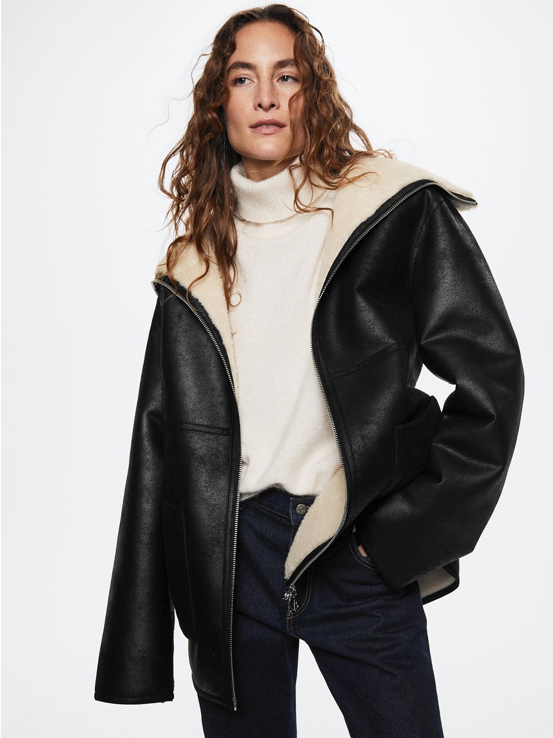 

MANGO Women Black Faux-Shearling Lined Jacket