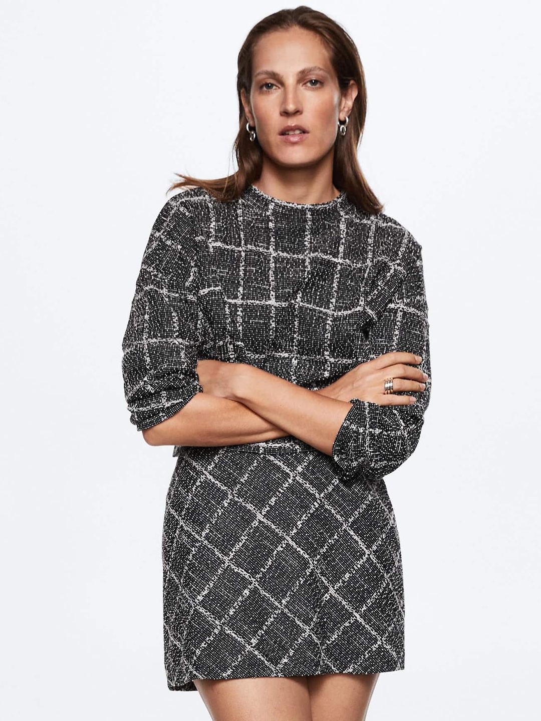 

MANGO Women Black & White Checked Cropped Sustainable Sweatshirt