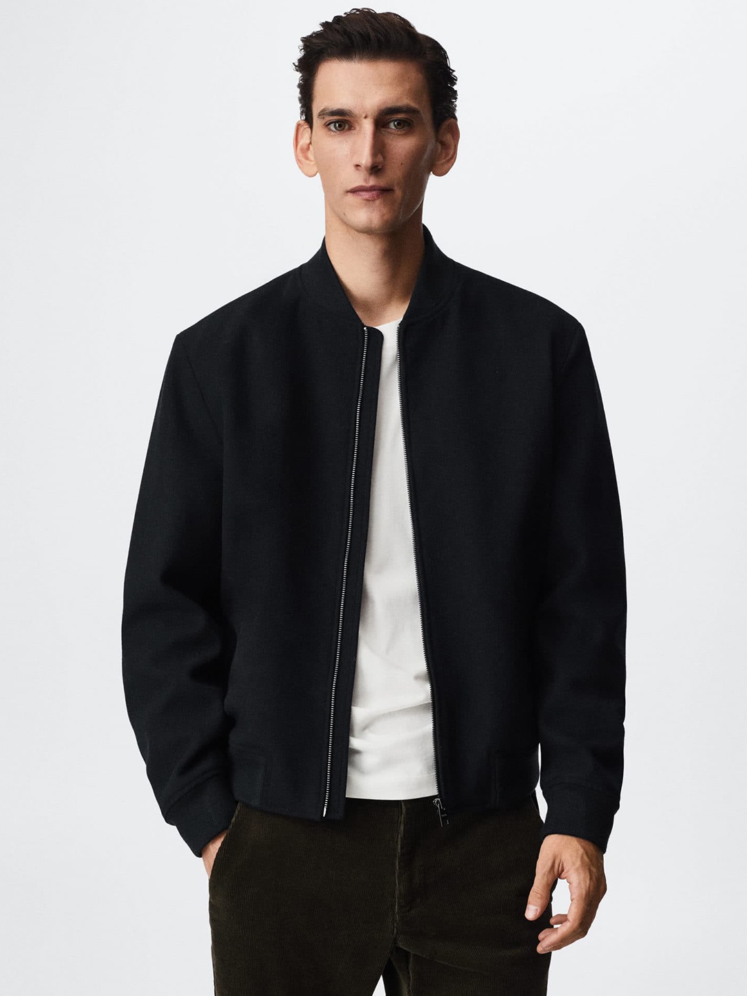 

MANGO MAN Navy Blue Solid Sustainable Bomber Jacket