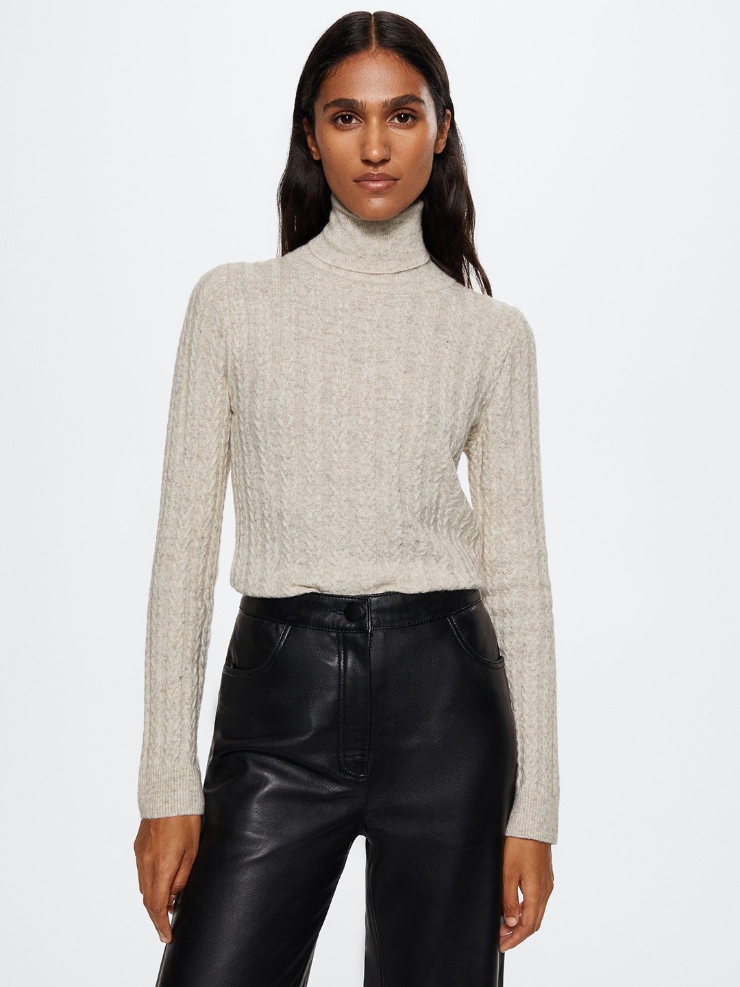 

MANGO Women Cable Knit Pullover, Beige