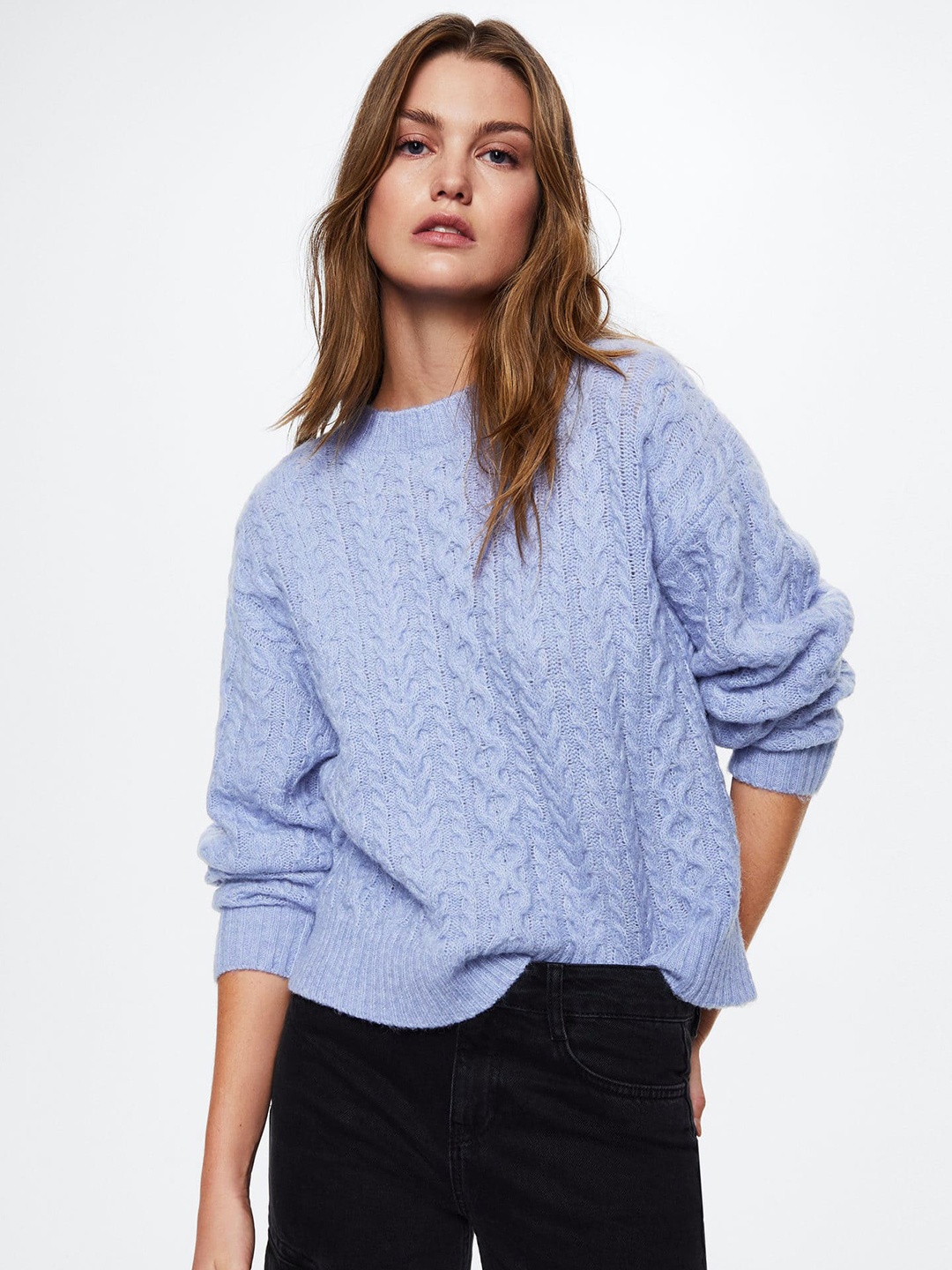 

MANGO Women Blue Cable Knit Sustainable Pullover