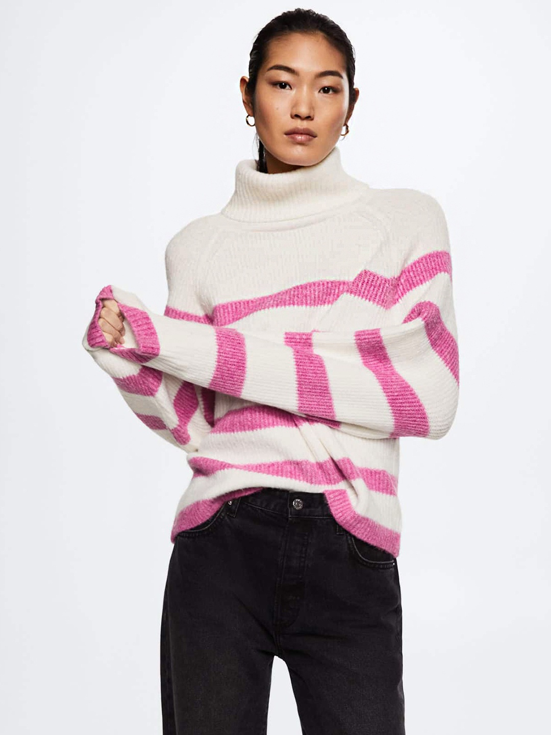 

MANGO Women White & Fuchsia Striped Oversize Sustainable Pullover