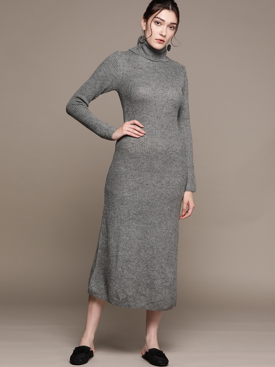 

MANGO Ribbed Midi Sweater Dress, Charcoal