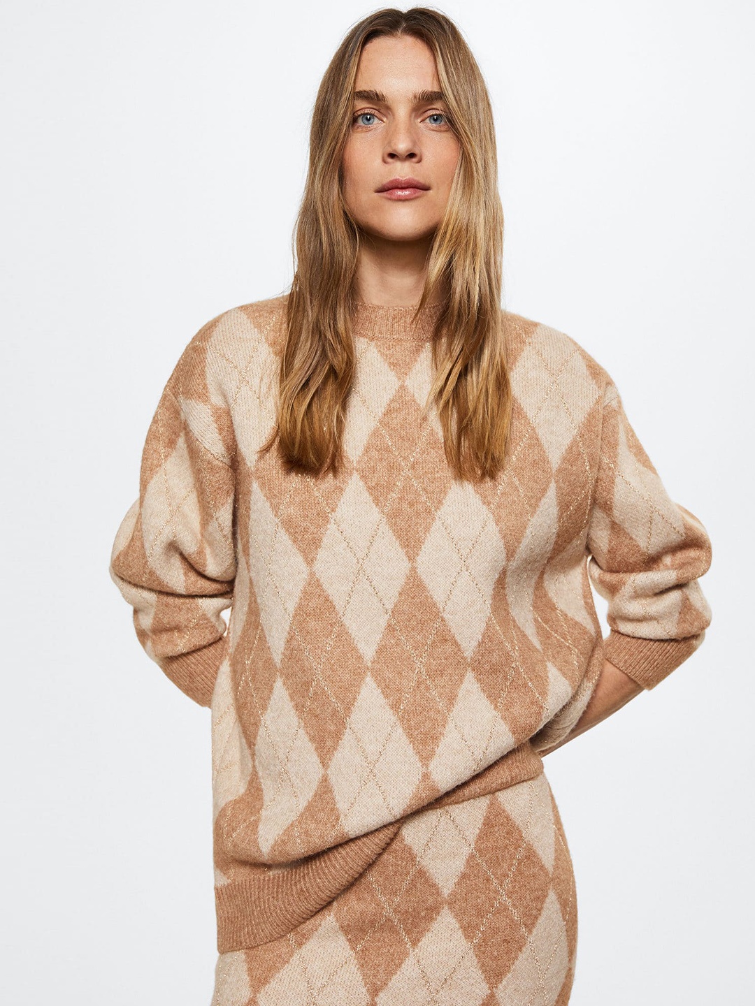 

MANGO Women Brown Rhombus Knit Sustainable Pullover