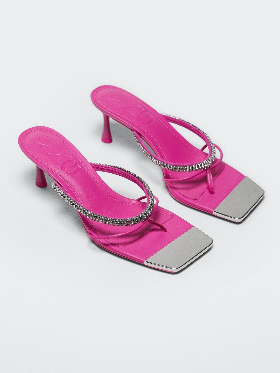 

MANGO Pink & Silver-Toned Embellished Slim Heel Party Sandals