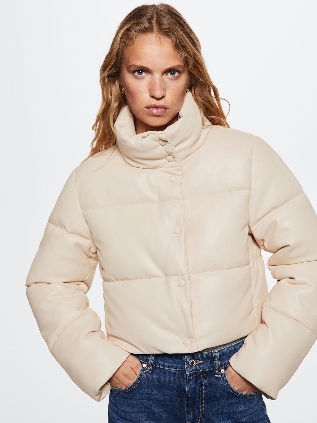 

MANGO Women Off White Faux leather Water Resistant Quilted Sustainable Jacket