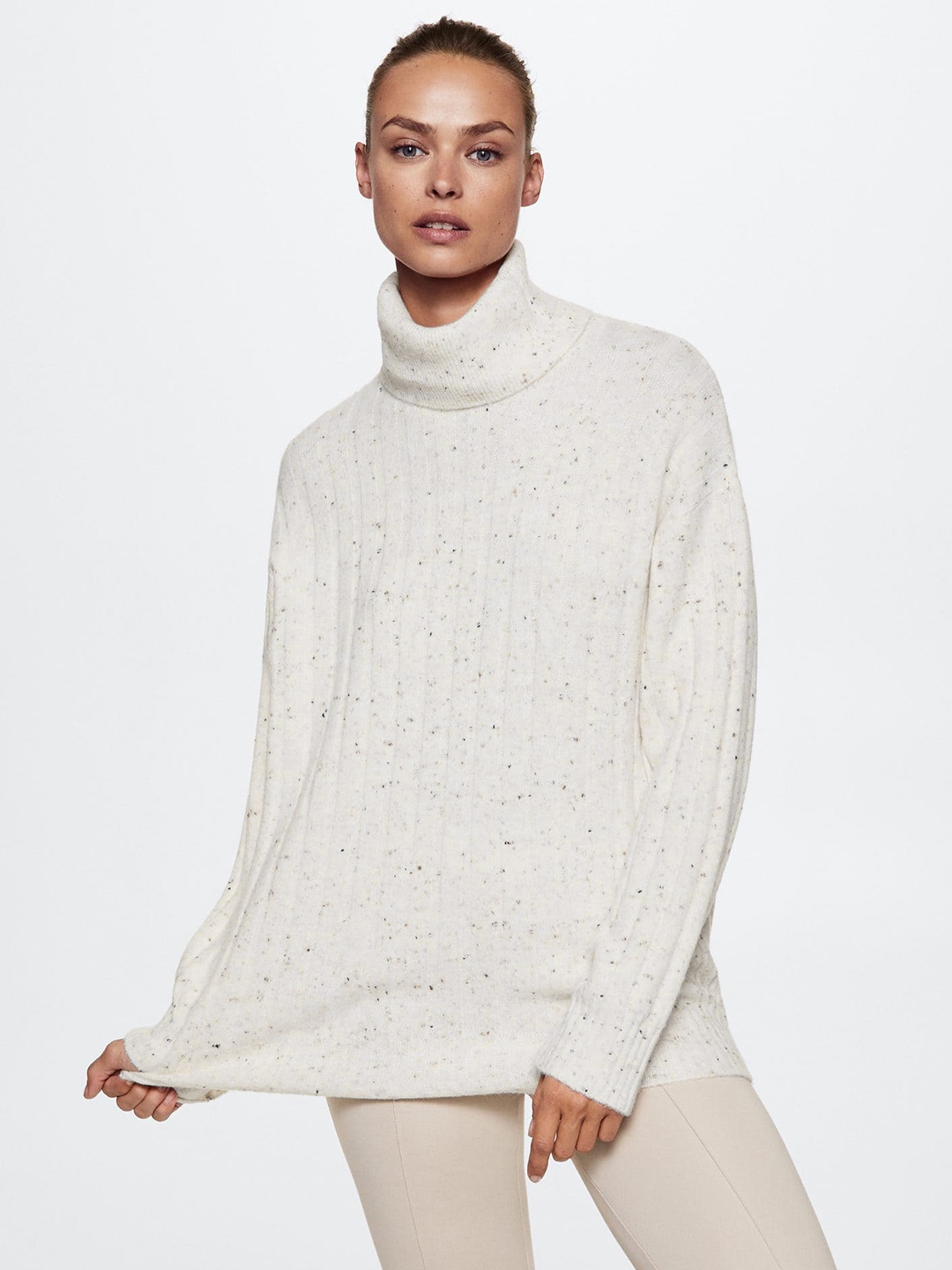 

MANGO Women Fleece Turtle Neck Sustainable Pullover, Off white