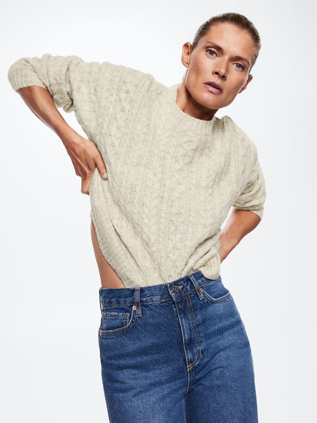

MANGO Women Cable Knit Sustainable Pullover, Beige