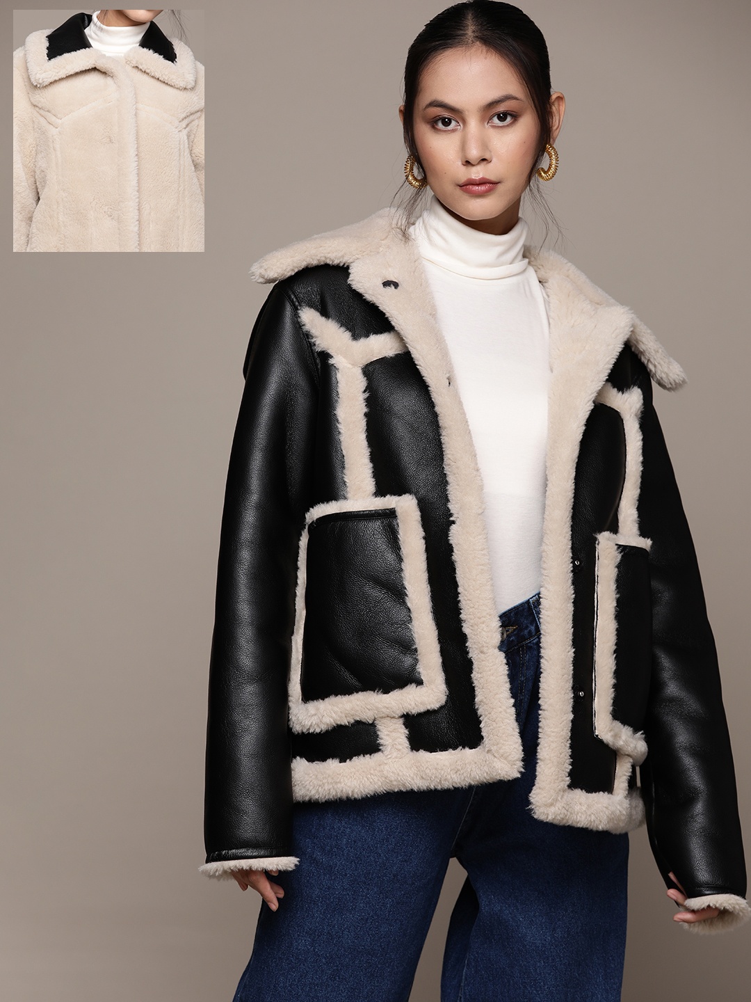 

MANGO Women Faux leather Shearling-Lined Coat, Black