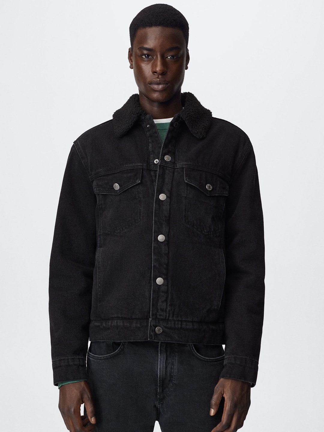 

MANGO MAN Black Shearling Denim Sustainable Cotton Jacket