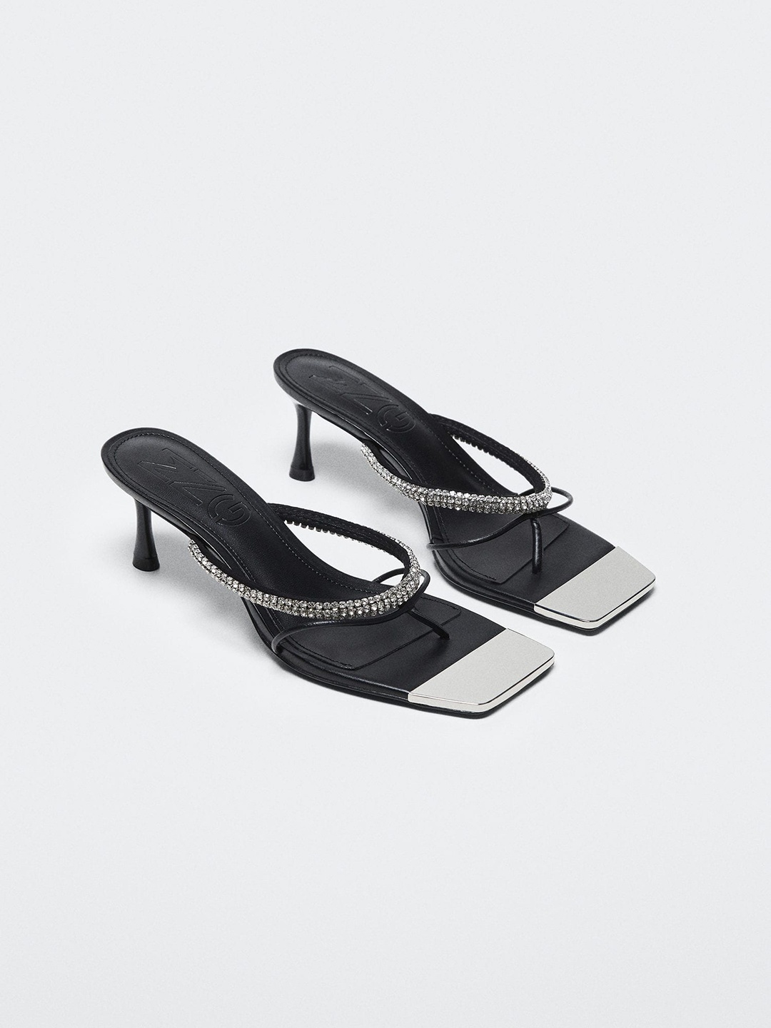 

MANGO Black & Silver-Toned Embellished Slim Heel Party Sandals