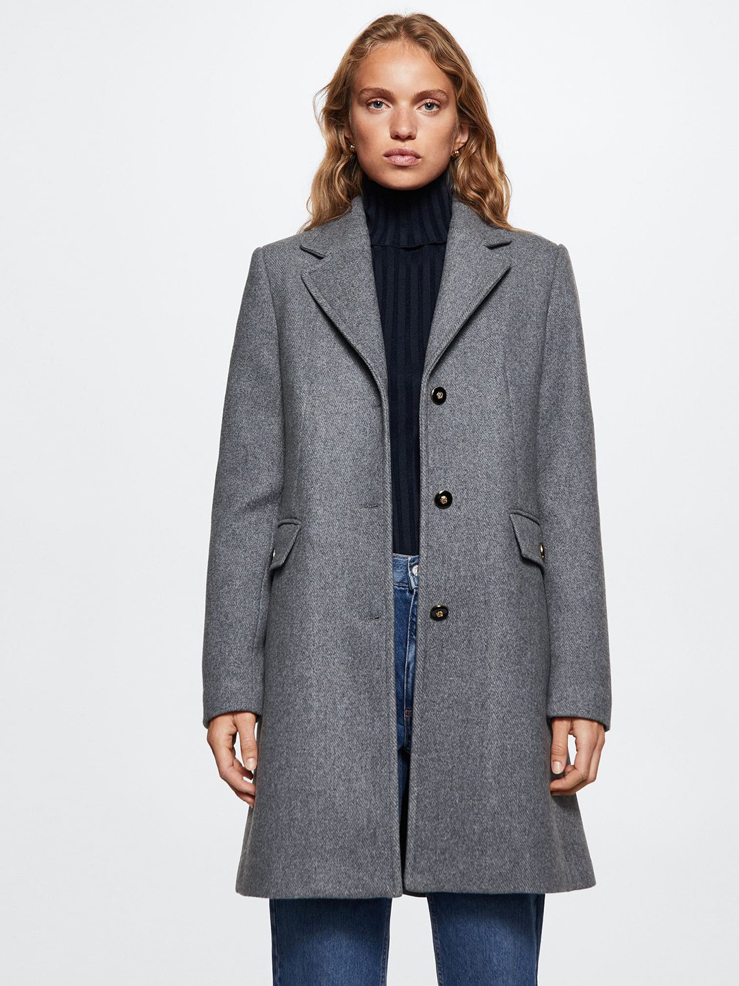 

MANGO Women Grey Notched Lapel-Collar Longline Woolen Sustainable Overcoat