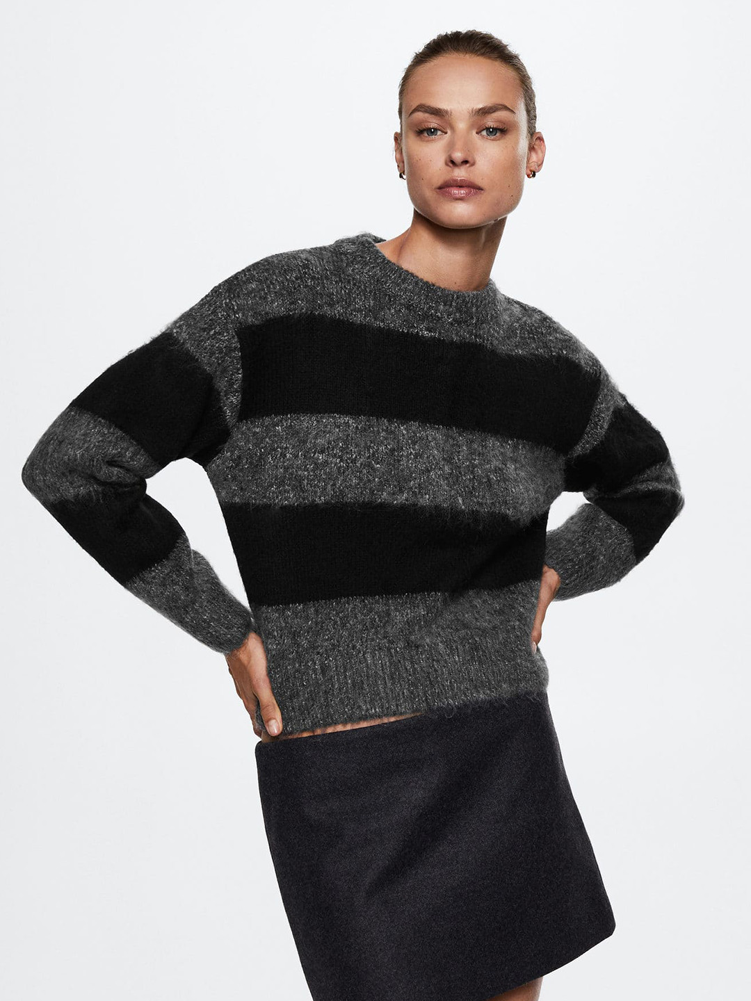 

MANGO Women Striped Sustainable Pullover, Black