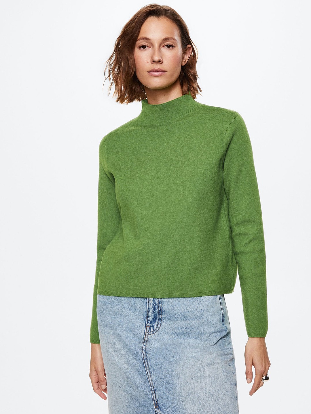 

MANGO Women Green High Neck Sustainable Pullover