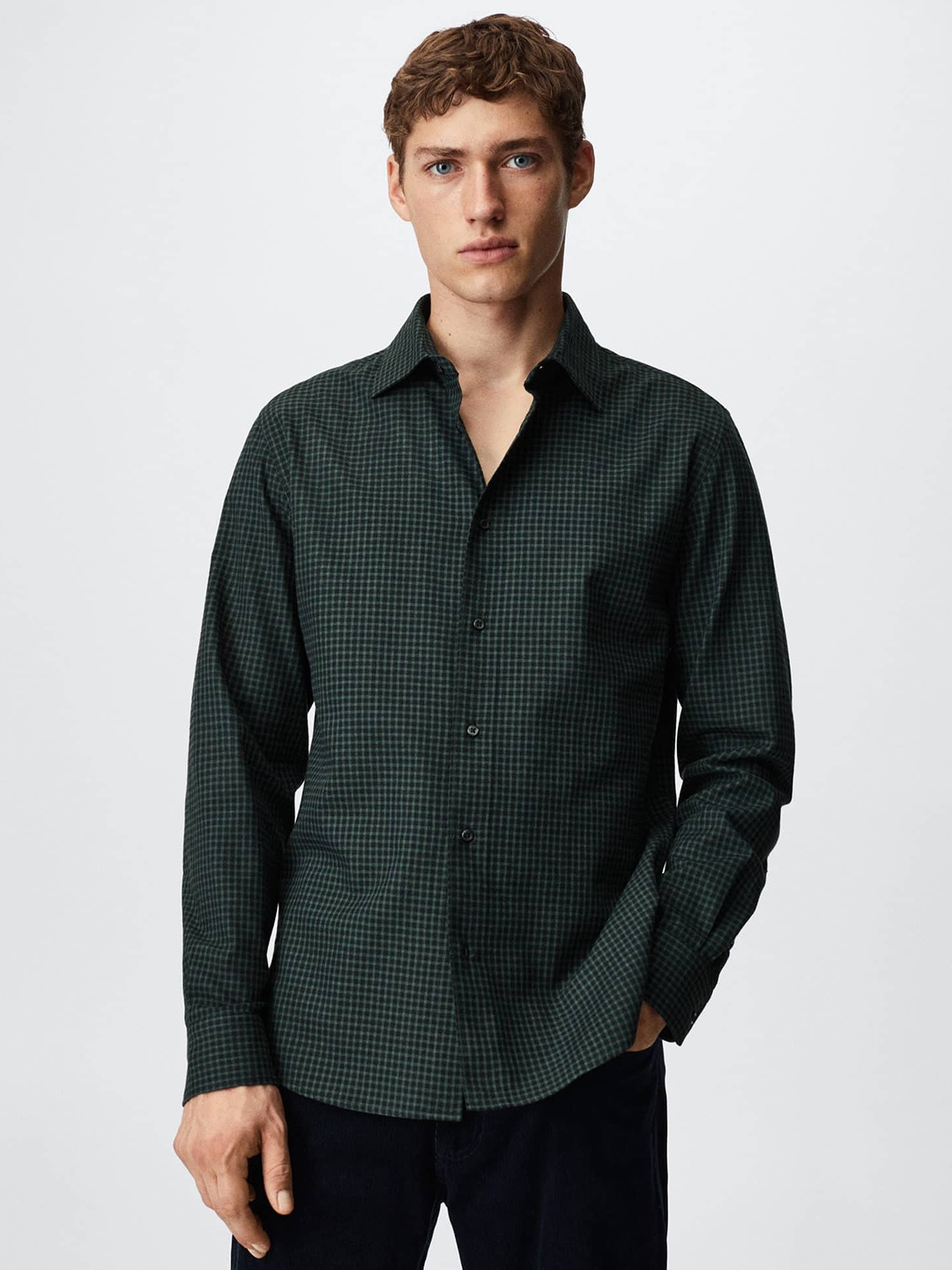 

MANGO MAN Green Slim Fit Tartan Checked Sustainable Cotton Casual Shirt
